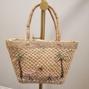 Cappelli Straw Purse Flamingo Palm Tree Tropical Bead Snap Close Woven